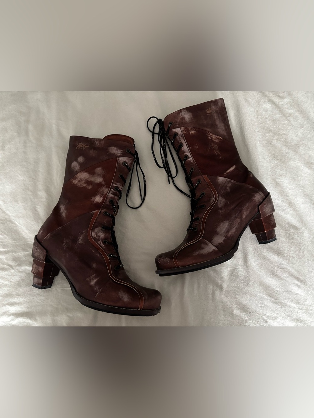Rare EJECT 2-Tone Leather Laced Mid-Calf Tiered Heeled Steampunk Boots Like New